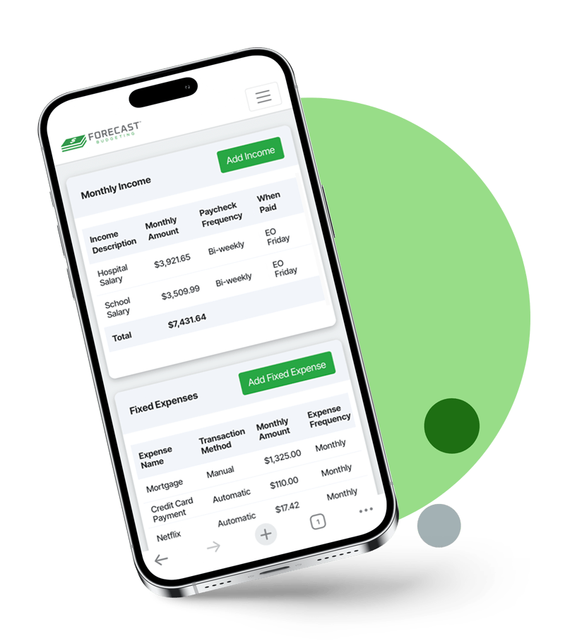 forecast budgeting tool on phone app showing monthly income and fixed expenses
